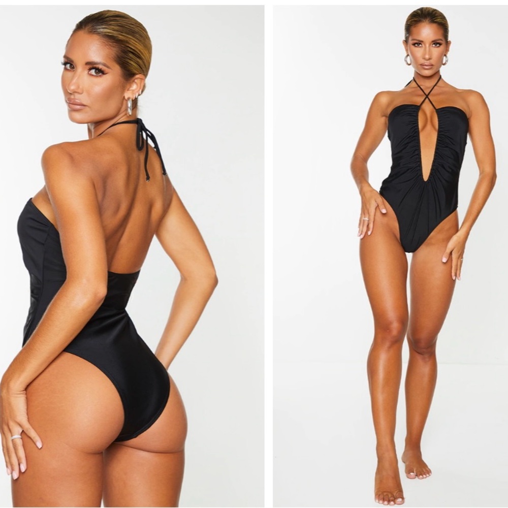 PrettyLittleThing NWT black scoop ruched neck bathing suit one piece 12